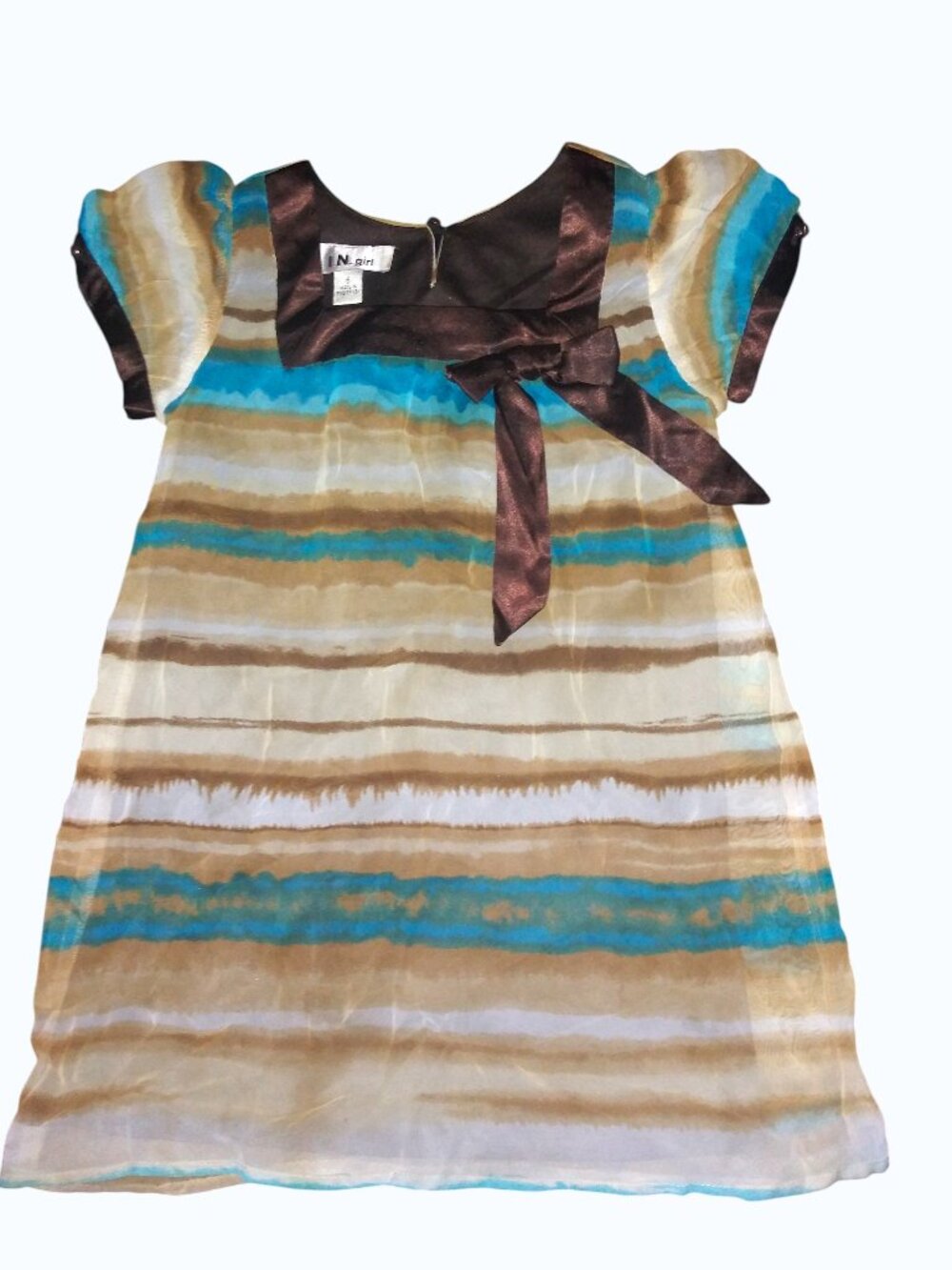 I.N. Girl Tunic Dress Size L Girls Aqua Blue Brown Striped Satin Trim Tie